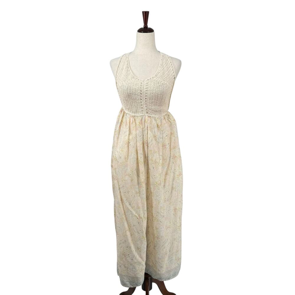 Zara Combination Mixed Media Crochet Halter Side Slit Midi Dress‎ M Cream Boho